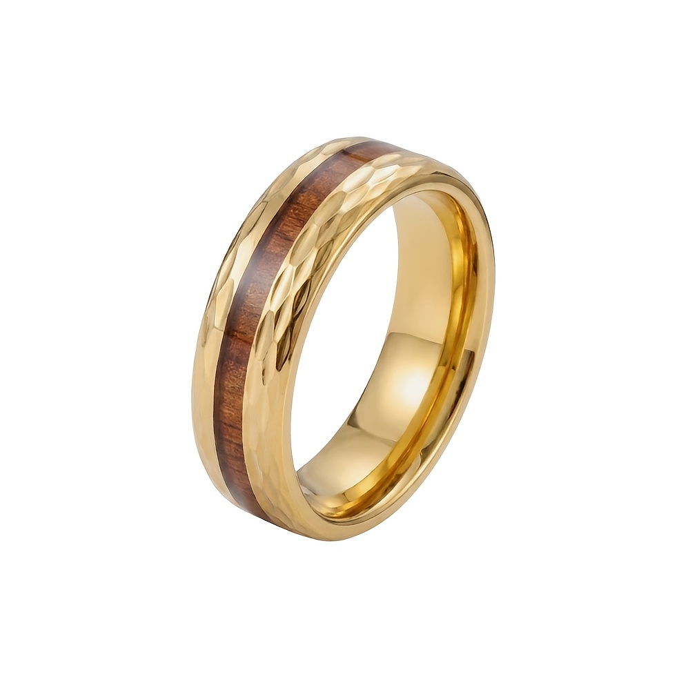 Men's 18K Gold Plated Wood Grain Ring, Waterproof Design